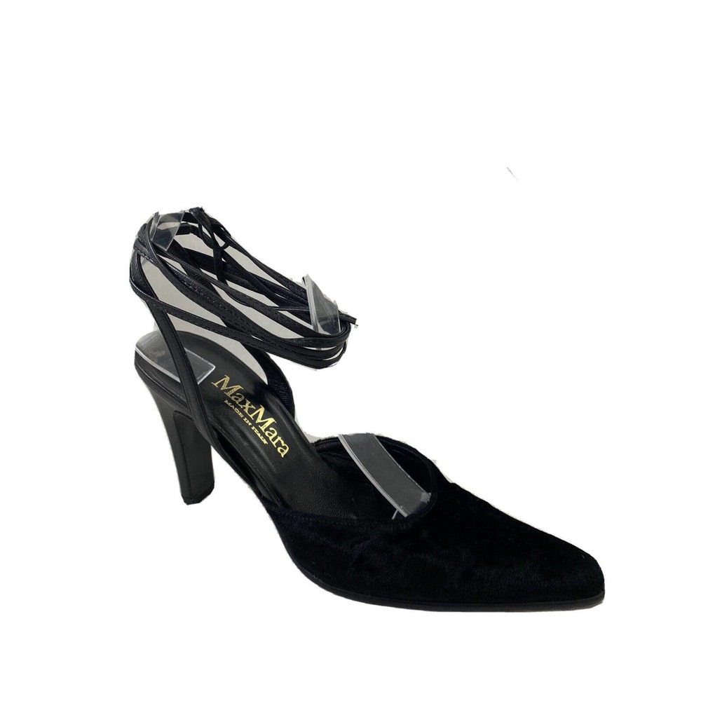 Max Mara Wraparound Lace Pump Black Velvet Velour Tie Up Point Toe 38 7.…